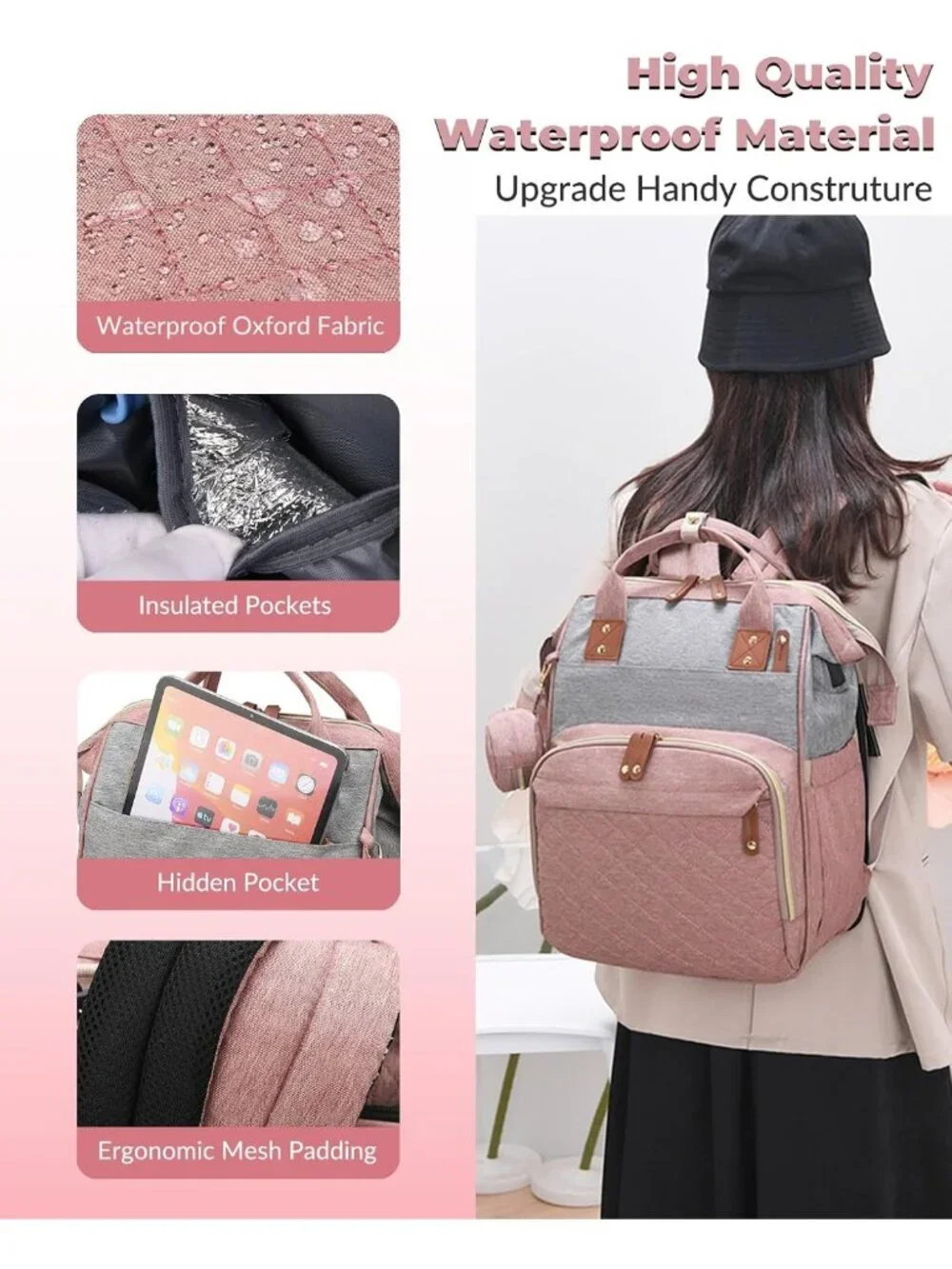 Stylish Diaper Bag Backpack with Changing Station, Waterproof, 18 Pockets, USB